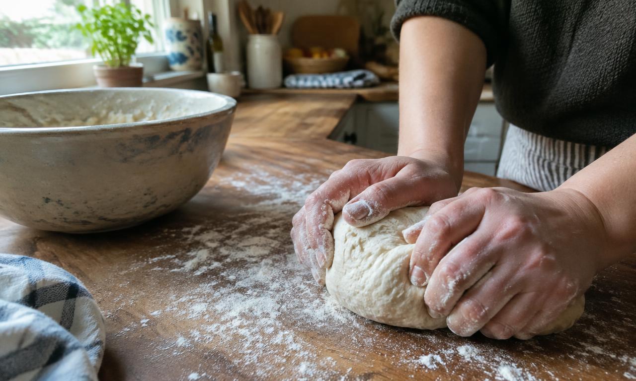 Hands in the dough on the floured counter, where texture teaches faster than any timer.