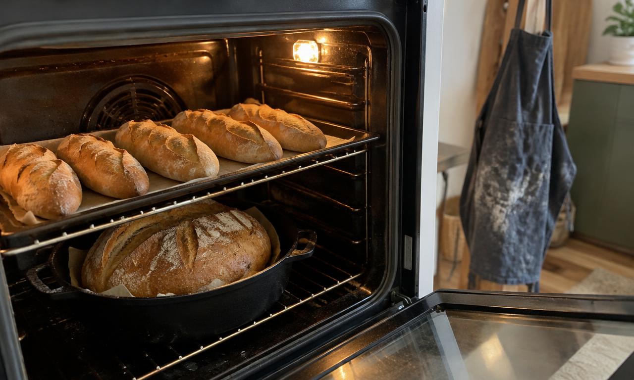 The oven glowing, baguettes and a pot loaf baking side by side.