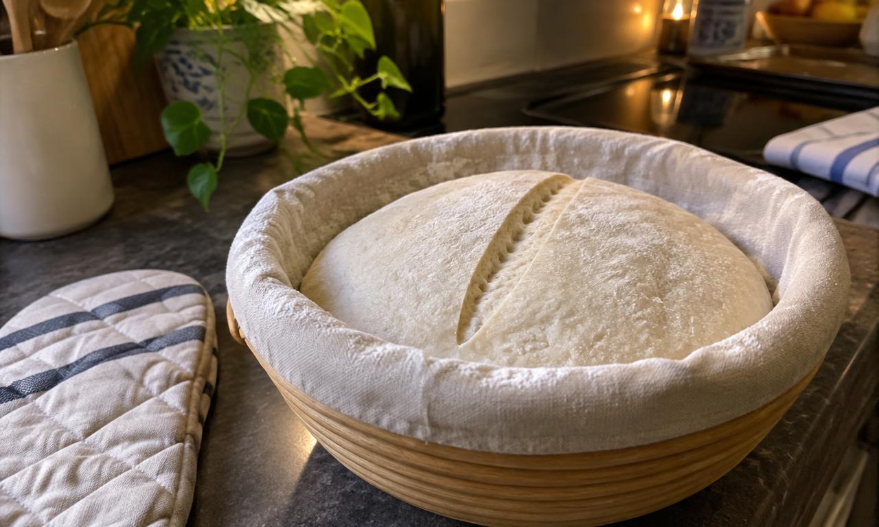 The shaped loaf resting in its floured basket, seam up, waiting for the oven.