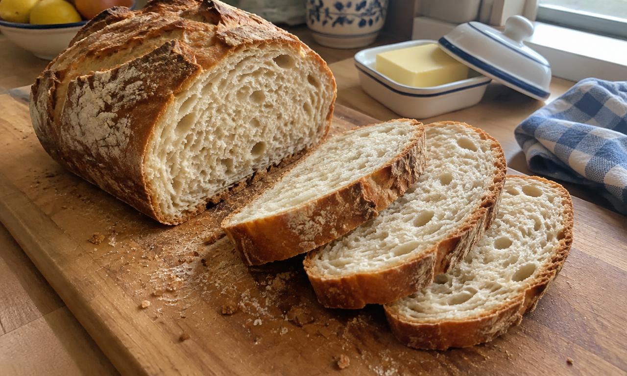 The first slices of the day, crumb open, butter waiting in its dish.